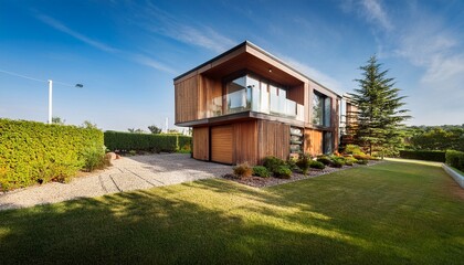 Obraz premium modern two story house with wooden exterior and landscaped yard on a clear day