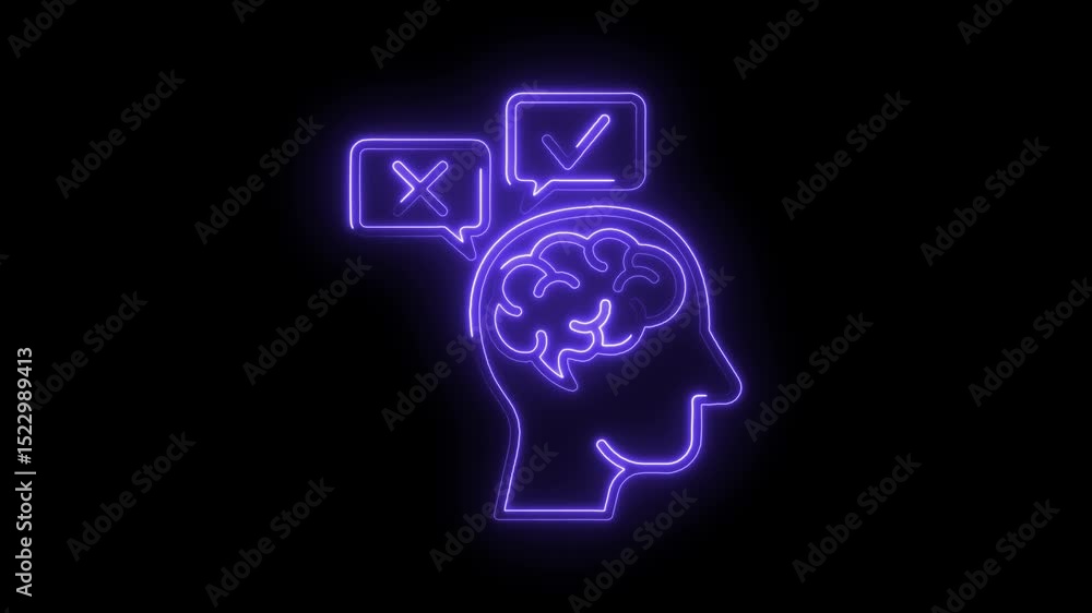 Poster neon head with brain choosing between tick and cross animated on black background
