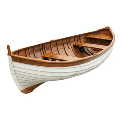 Wooden rowboat with a white and brown design sitting in a still water setting, transparent background, cutout PNG