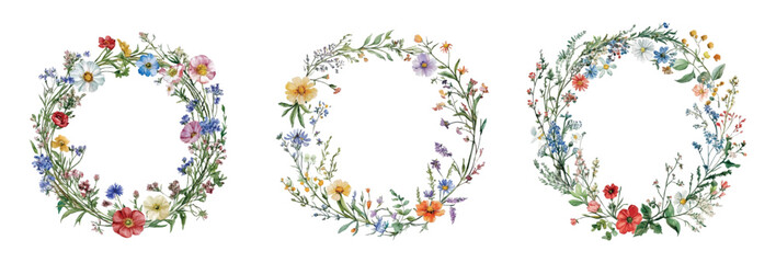 Watercolor set of wreaths of wildflowers. Various wildflowers woven into a round frame on a white isolated background. Nature and watercolor botany concept. Vector illustration.
