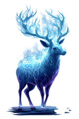a glowing ghost deer, translucent body, blue flames around antlers, isolated on white, fantasy vibe