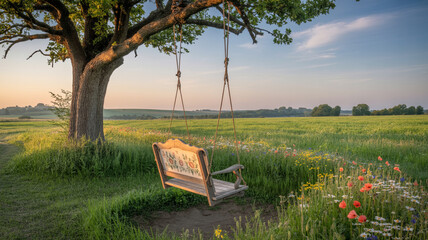 A beautiful wooden swing hanging from a tree in a peaceful summer meadow landscape