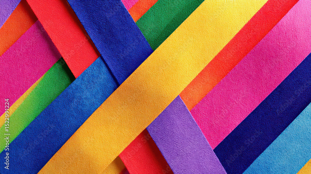 Poster interwoven colorful ribbons creating a vibrant diagonal pattern, showcasing a textured surface and a