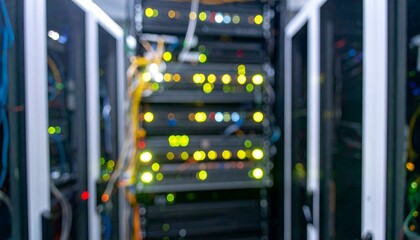 Abstract bokeh image of server room lights.  Blurred background of data center technology.