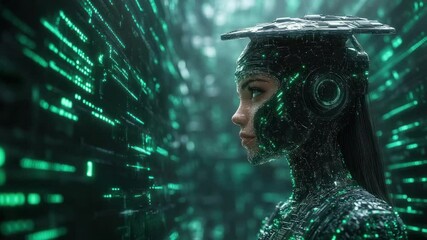Cybernetic woman, profile view, surrounded by glowing digital code - Powered by Adobe
