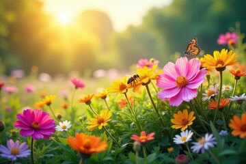Obraz premium A sun-drenched mound of wildflowers bursting with vibrant summer blooms, attracting butterflies and bees Perfect for nature, summer, and floral themes , wallpaper, bees