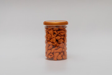 Small biscuits, various shapes, salty and sweet flavors.Put in a glass jar.