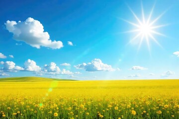Obraz premium A vibrant summer scene featuring a bright blue sky, fluffy white clouds, and a vast, flat expanse of land under a radiant sun, perfect for travel and vacation themes , wallpaper, pattern