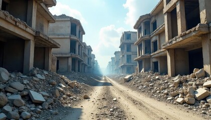 Fototapeta premium Devastating aftermath of a powerful earthquake, rubble strewn across a deserted city street, shattered buildings and infrastructure in ruins , recovery efforts, natural disaster