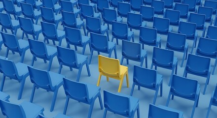 Naklejka premium One yellow chair among many blue chairs showing uniqueness and standing out