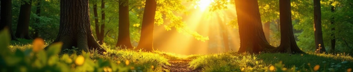 Obraz premium Golden sunlight streams through leaves, dappling the forest floor with warm, radiant light Perfect for nature, wellness, and spring themes A tranquil scene of peaceful sunshine , leaves, sunlight