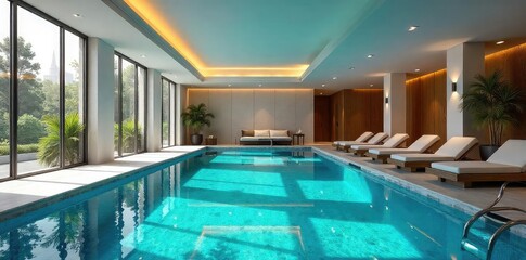 Obraz premium Luxury indoor swimming pool, sparkling blue water, modern architecture, elegant design, perfect for relaxation and recreation , swimming lane, underwater
