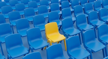Obraz premium Unique yellow chair amidst a crowd of blue empty chairs in a conference room