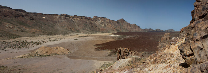 Panorama of the mountains of Tenerife with rugged volcanic terrain and impressive rock formations.
