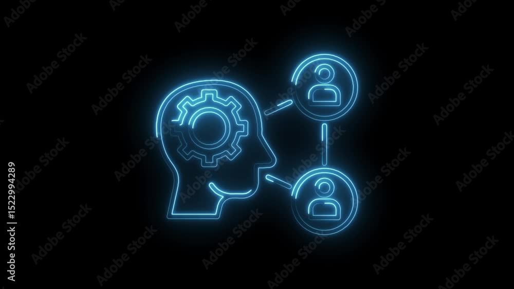 Poster glowing neon representation of knowledge sharing and intellectual exchange between minds and teamwor