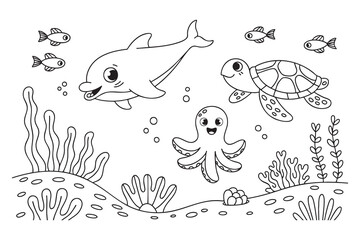 Adorable ocean animals coloring page cute dolphin turtle octopus fish