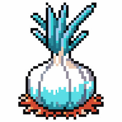 Fototapeta premium Pixel art blue and white fantasy plant with roots, retro digital illustration