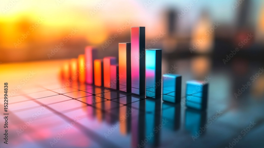 Poster D bar chart with a gradient color scheme, set on a reflective surface, capturing light beautifully, representing analytical data in a visually appealing manner.