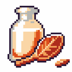 Obraz premium Pixel art milk bottle and cookie retro food and drink illustration, nostalgic digital design