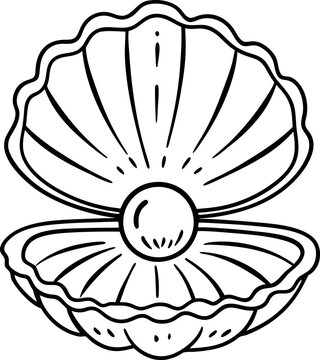 open clam shell with a pearl black and white outline illustration of marine life and treasure
