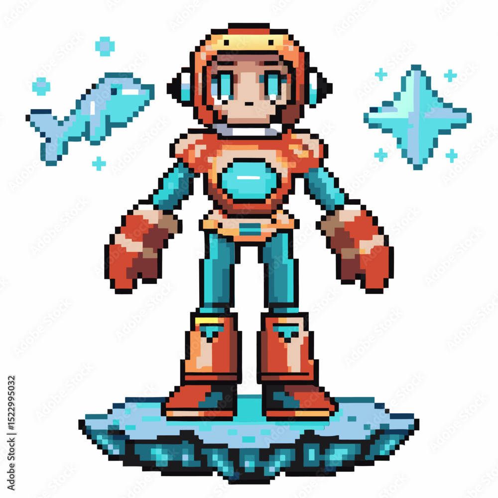 Poster pixel art robot on hoverboard with floating fish and star in space