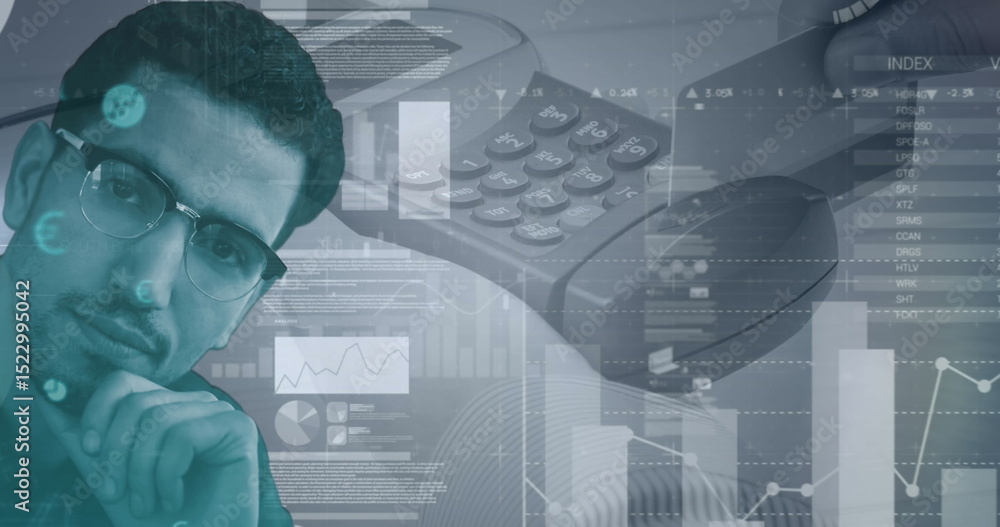 Poster image of data processing over calculator and caucasian man