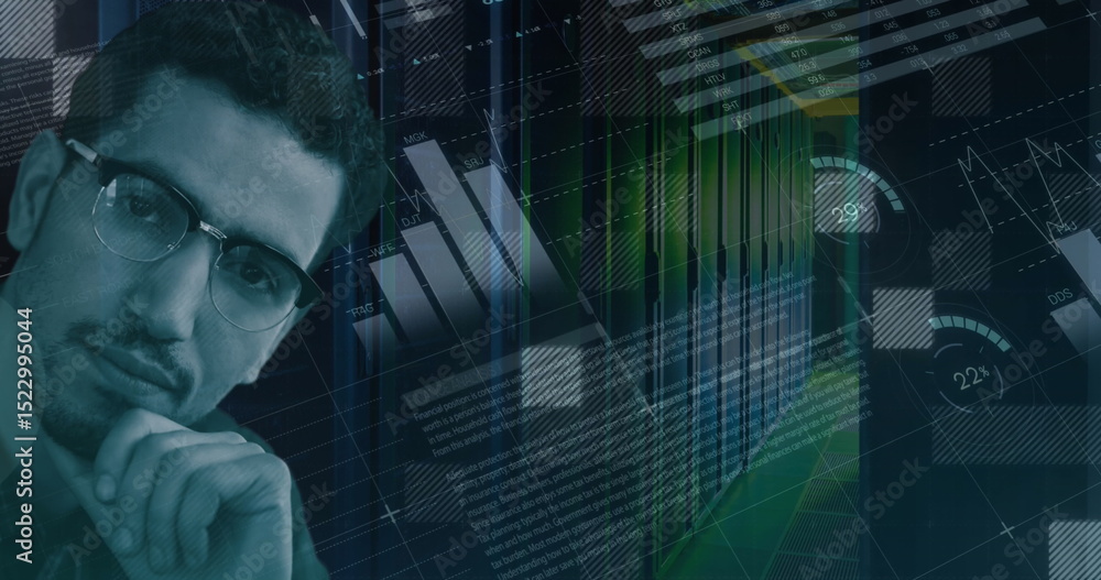 Poster image of data processing over server room and caucasian man