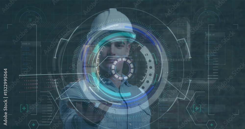 Poster image of scope scanning with data processing over caucasian male worker