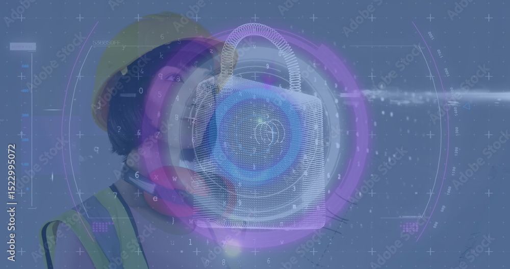 Poster image of scope scanning with data processing and padlock icon over caucasian female worker