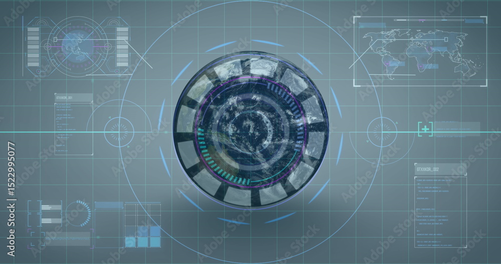 Poster circular holographic globe display glowing in interface, showing data rings, panels and reticles