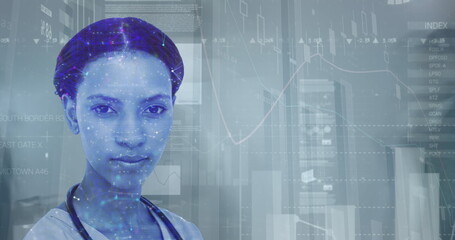 Image of data processing over female doctor