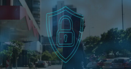 Image of padlock over african american businessman