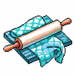 Pixel art rolling pin and blue cloths for baking enthusiasts