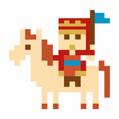 Obraz premium pixel art knight on horseback with blue flag, medieval character in 8 bit style, retro gaming