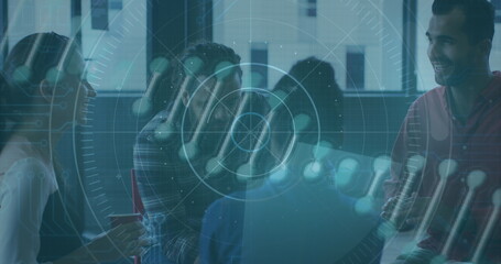 Image of scope scanning with data processing and dna strand over diverse business people