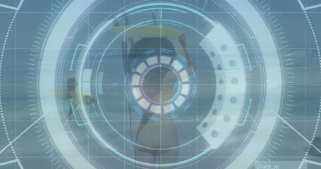 Obraz premium Floating woman wearing bikini with hair in bun relaxing on yellow-green float at sea, HUD overlay