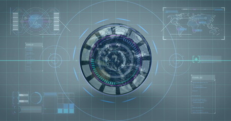 Circular holographic globe display glowing in interface, showing data rings, panels and reticles