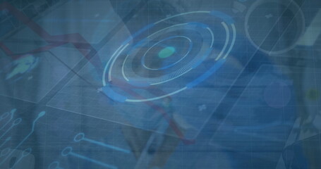 Showing HUD dashboard over boardroom, with red trend bar charts, profile icons and grid connections