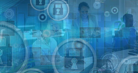 Image of data processing over diverse business people in office