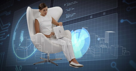 Image of digital city and data processing over caucasian woman using laptop