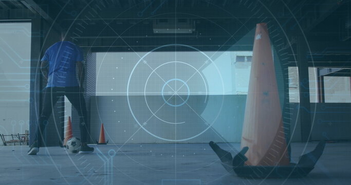 Image of scope scanning with data processing over african american man playing football at gym - Powered by Adobe