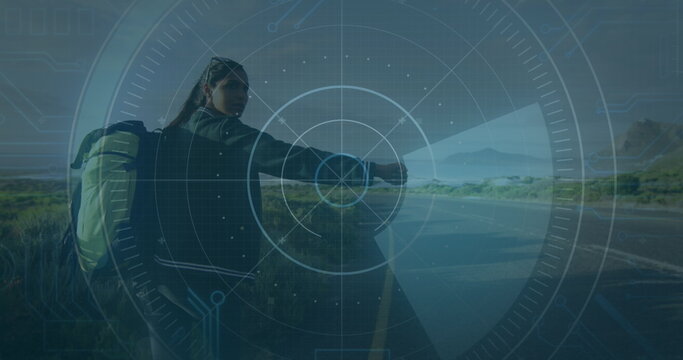 Image of scope scanning with data processing over woman running hitchhiking