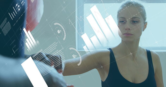 Image of data processing over diverse people wearing boxing tapes at gym