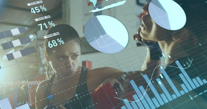 Image of data processing over diverse people boxing at gym