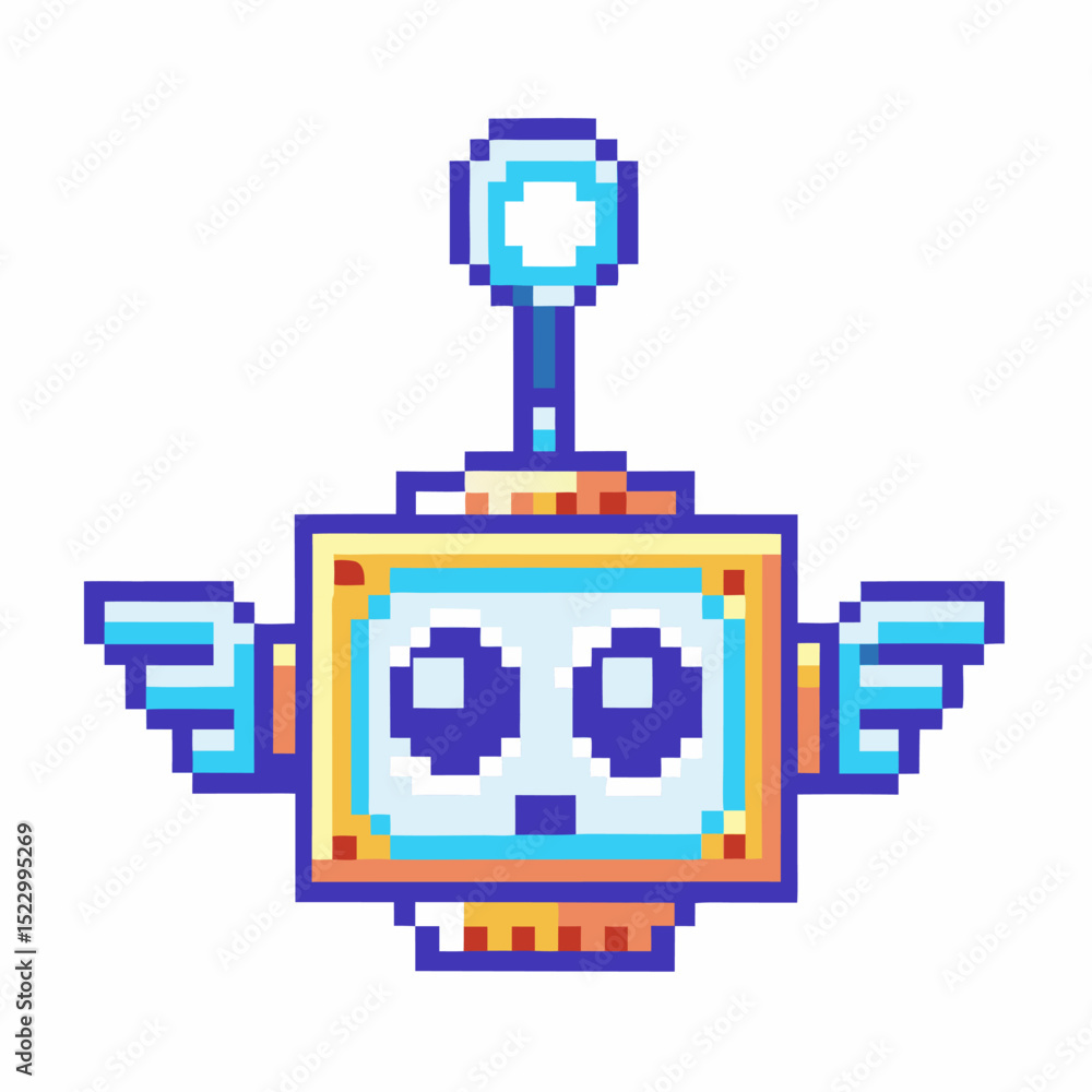 Poster pixel art robot with wings and antenna colorful retro technology character on white background