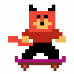 Obraz premium pixel art demon riding skateboard with tail, vibrant retro 8 bit video game character, colorful fun design