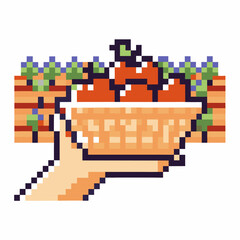 Fototapeta premium Pixel art hand holding basket of apples, vibrant backyard garden with tomato plants