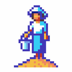 Fototapeta premium pixel art farmer holding bucket in field retro video game character in blue attire
