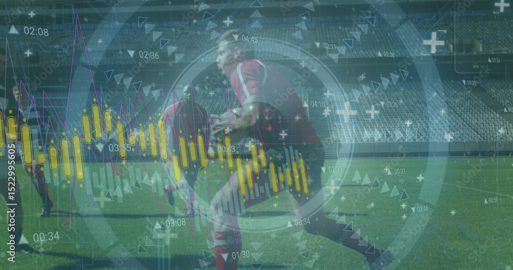 Poster image of data processing and scope scanning over diverse rugby players at stadium