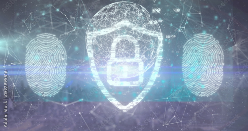 Poster image of data processing and digital padlock over globe on blue background